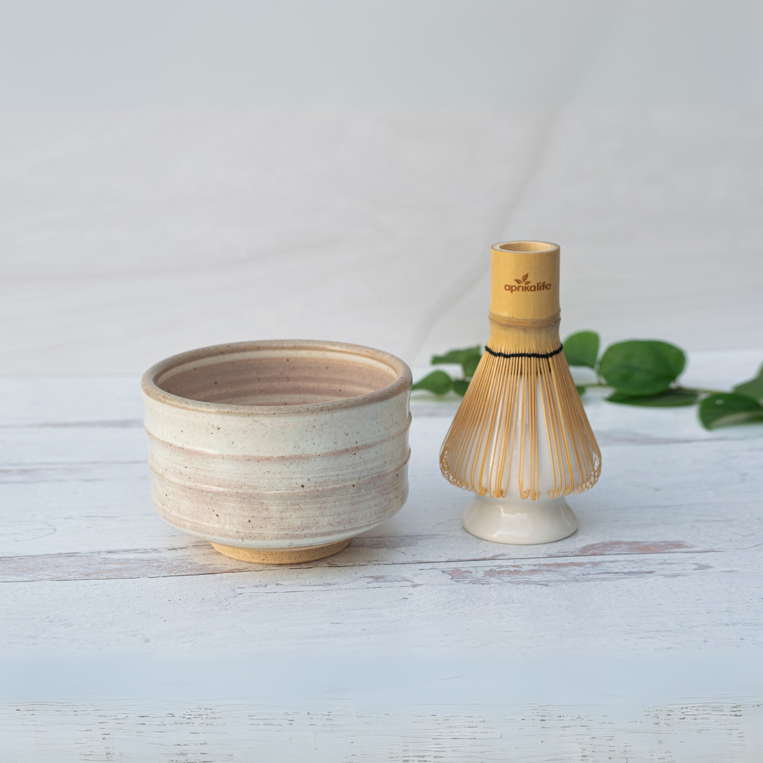 Beige Ceramic Matcha Bowl and Bamboo Whisk Set by Aprika Life