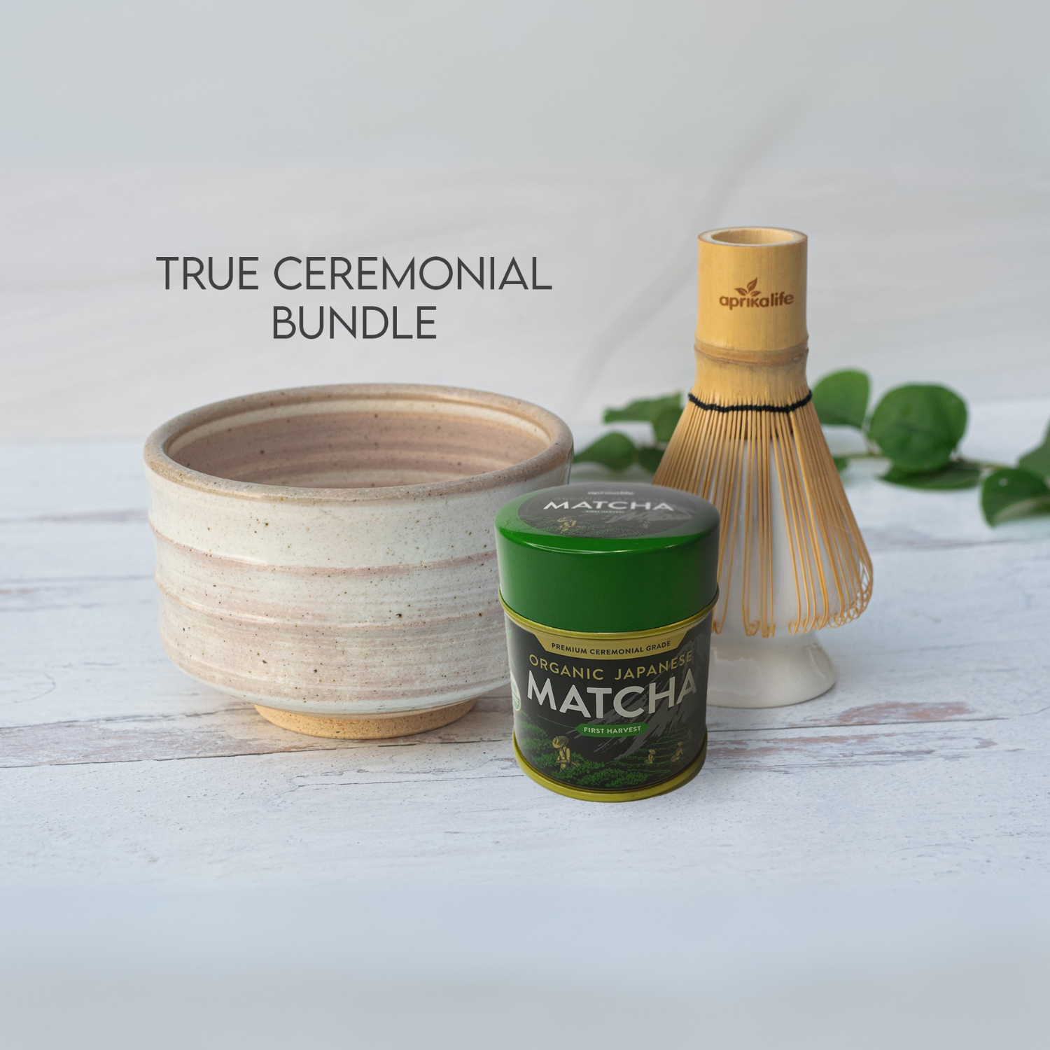 Beige Ceramic Matcha Bowl and Bamboo Whisk Set by Aprika Life