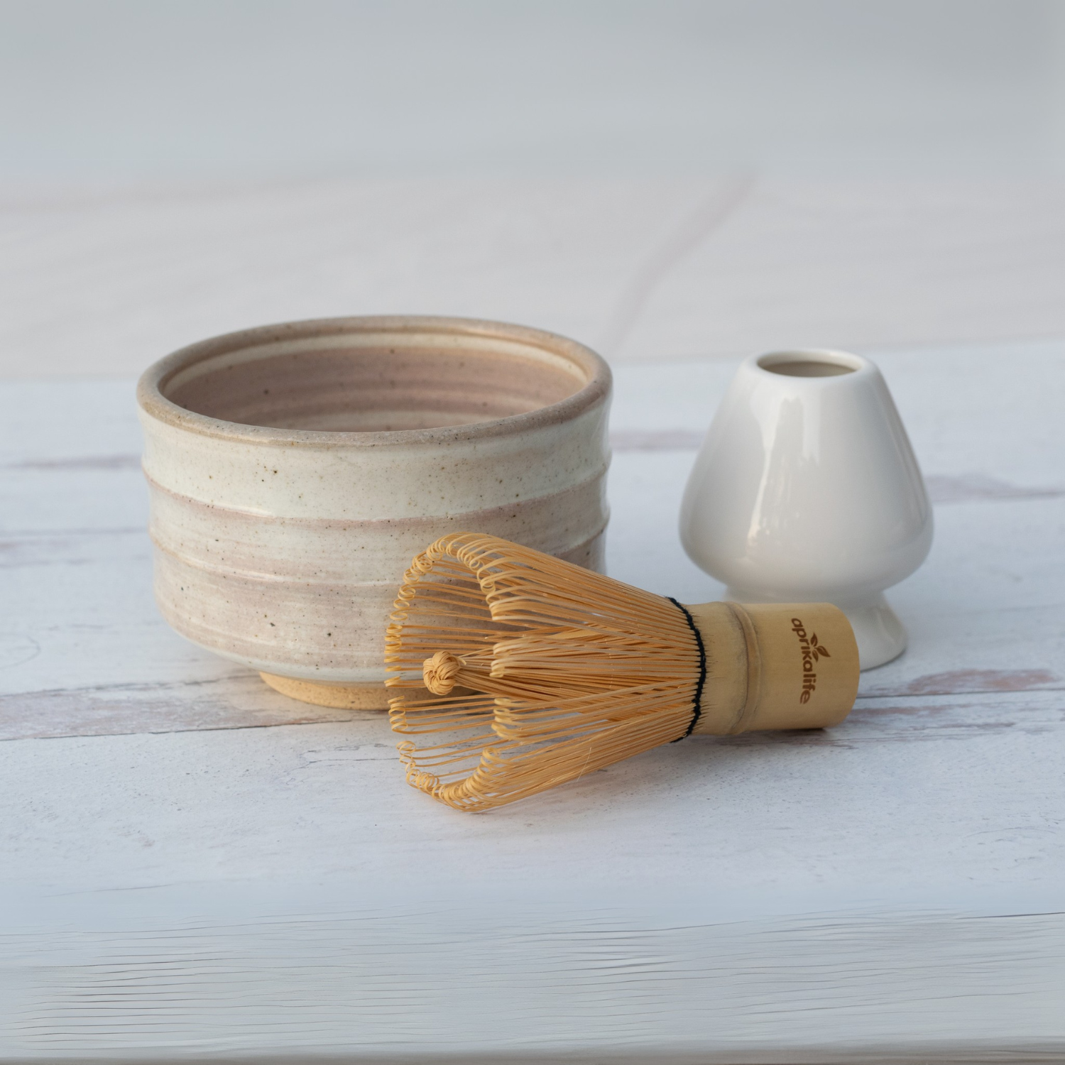 Beige Ceramic Matcha Bowl and Bamboo Whisk Set by Aprika Life