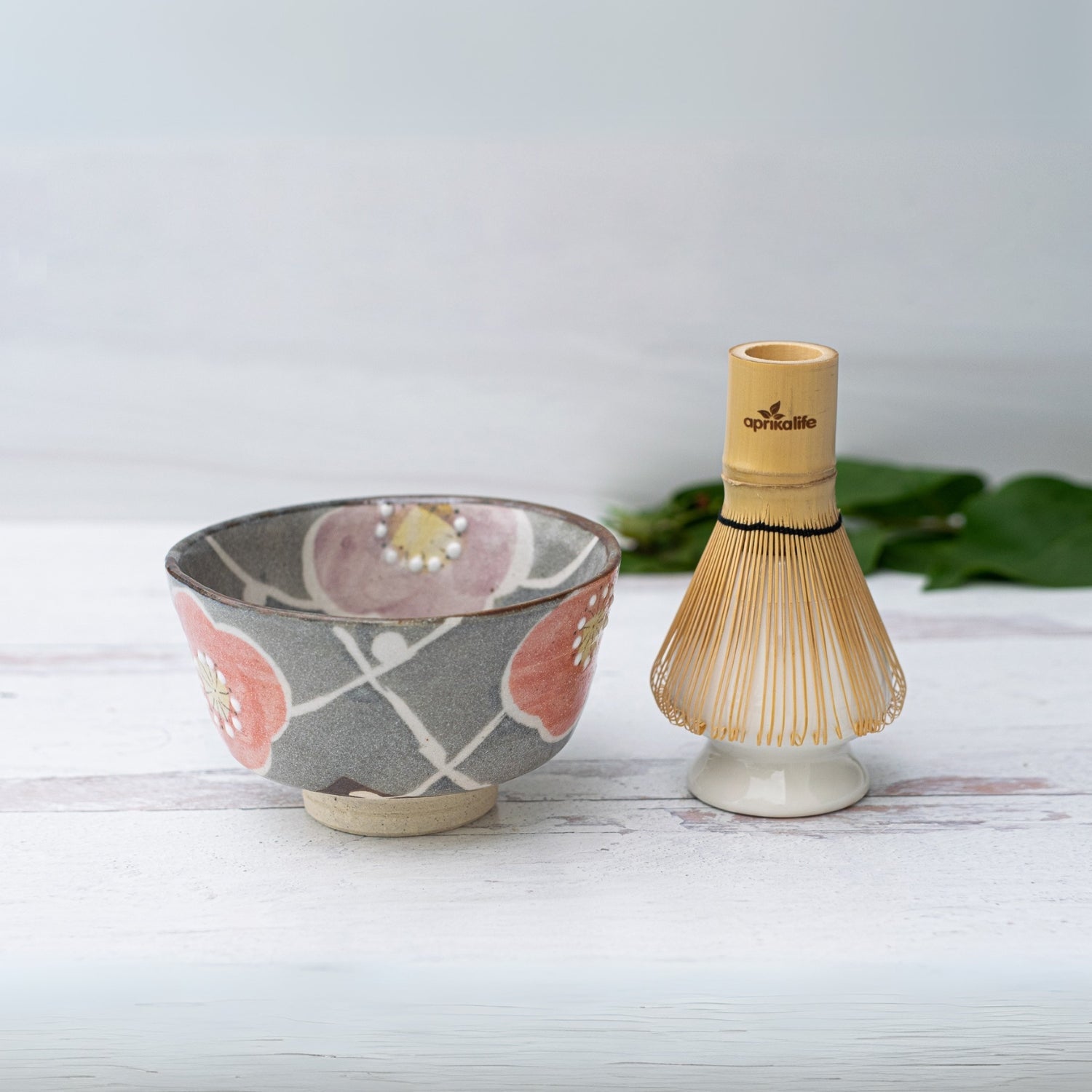 Gray with Flowers Matcha Bowl and Bamboo Whisk Set by Aprika Life