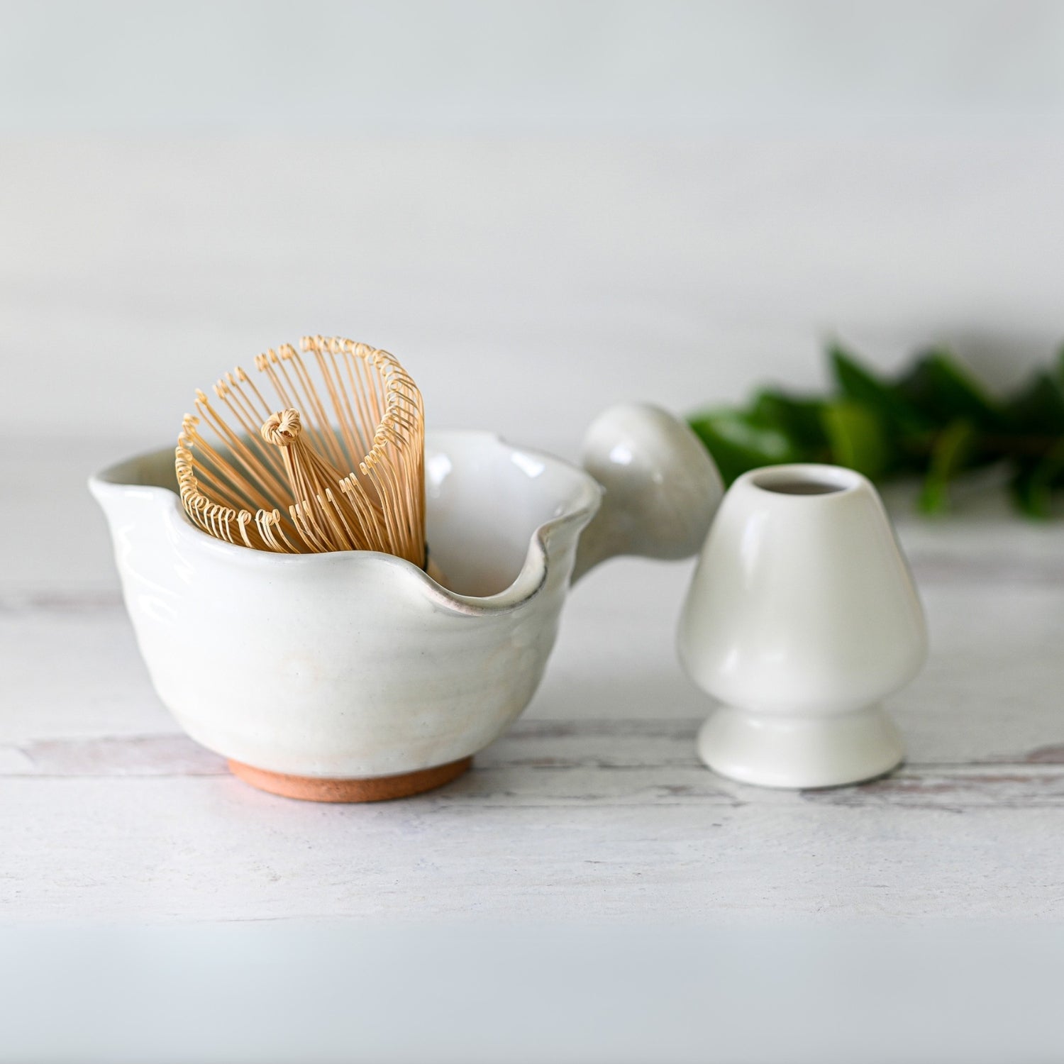 White Wavy Matcha Bowl with Spout Set by Aprika Life